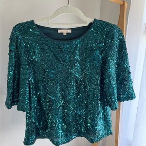 Skies Are Blue Teal Sequin Blouse